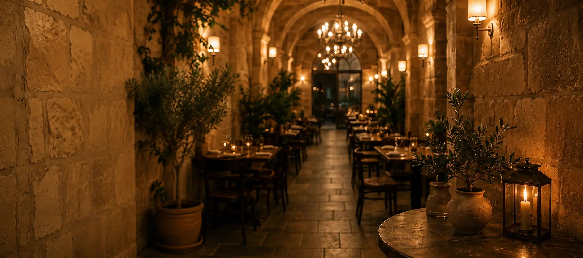 Plant-lined, candle-lit dining room at Galea's Kitchen