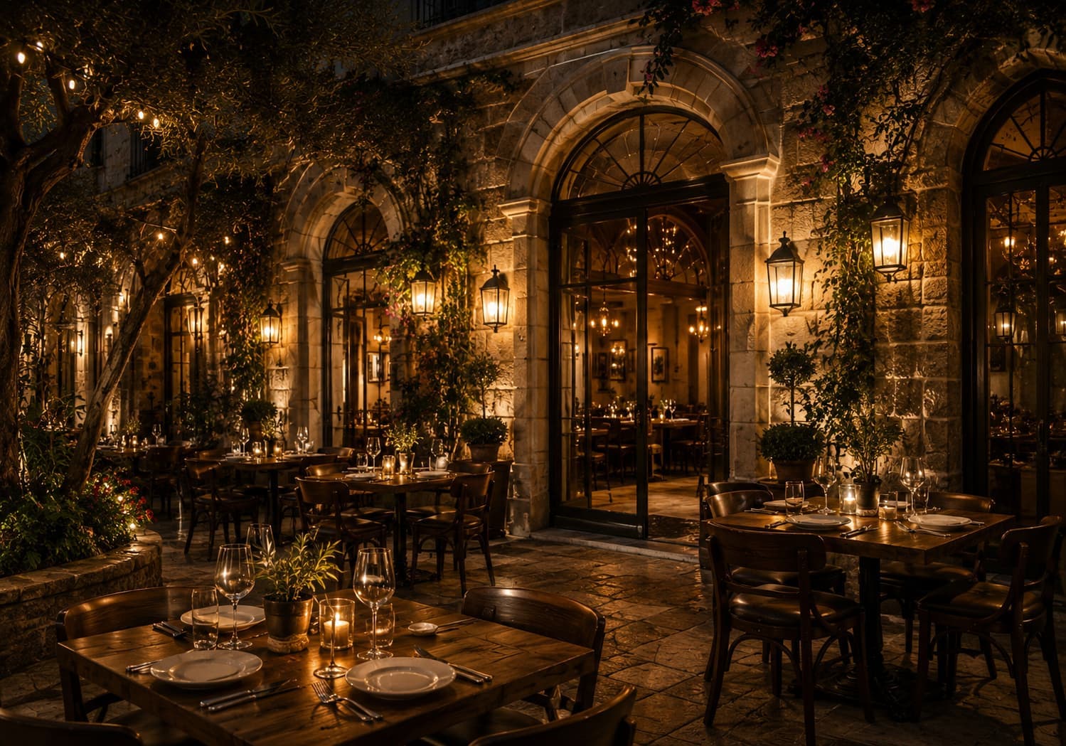 Candle-lit courtyard seating in Valletta