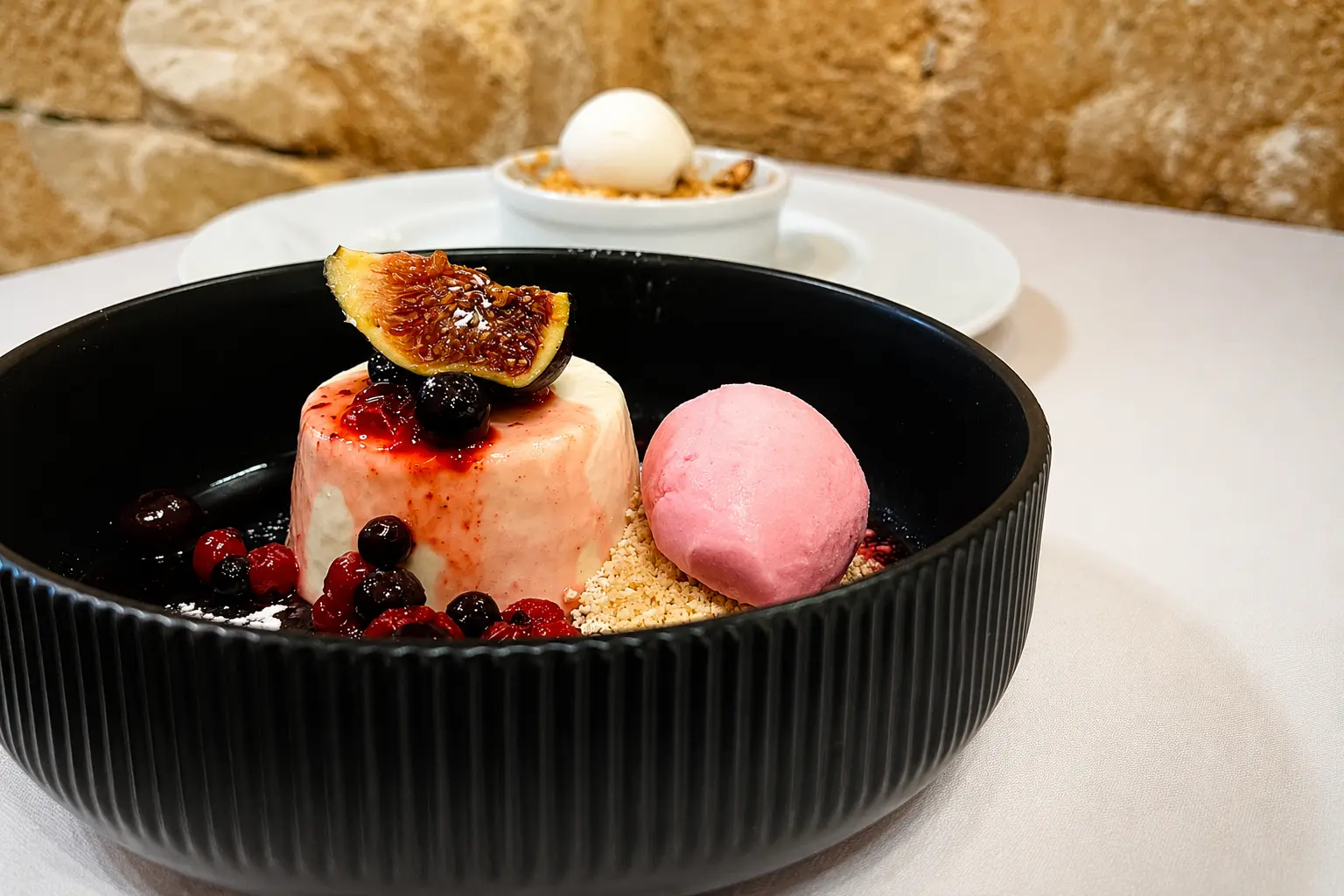 Panna cotta with berries and ice cream