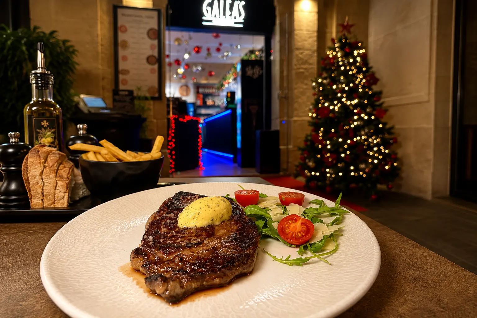 Grilled steak plated with salad