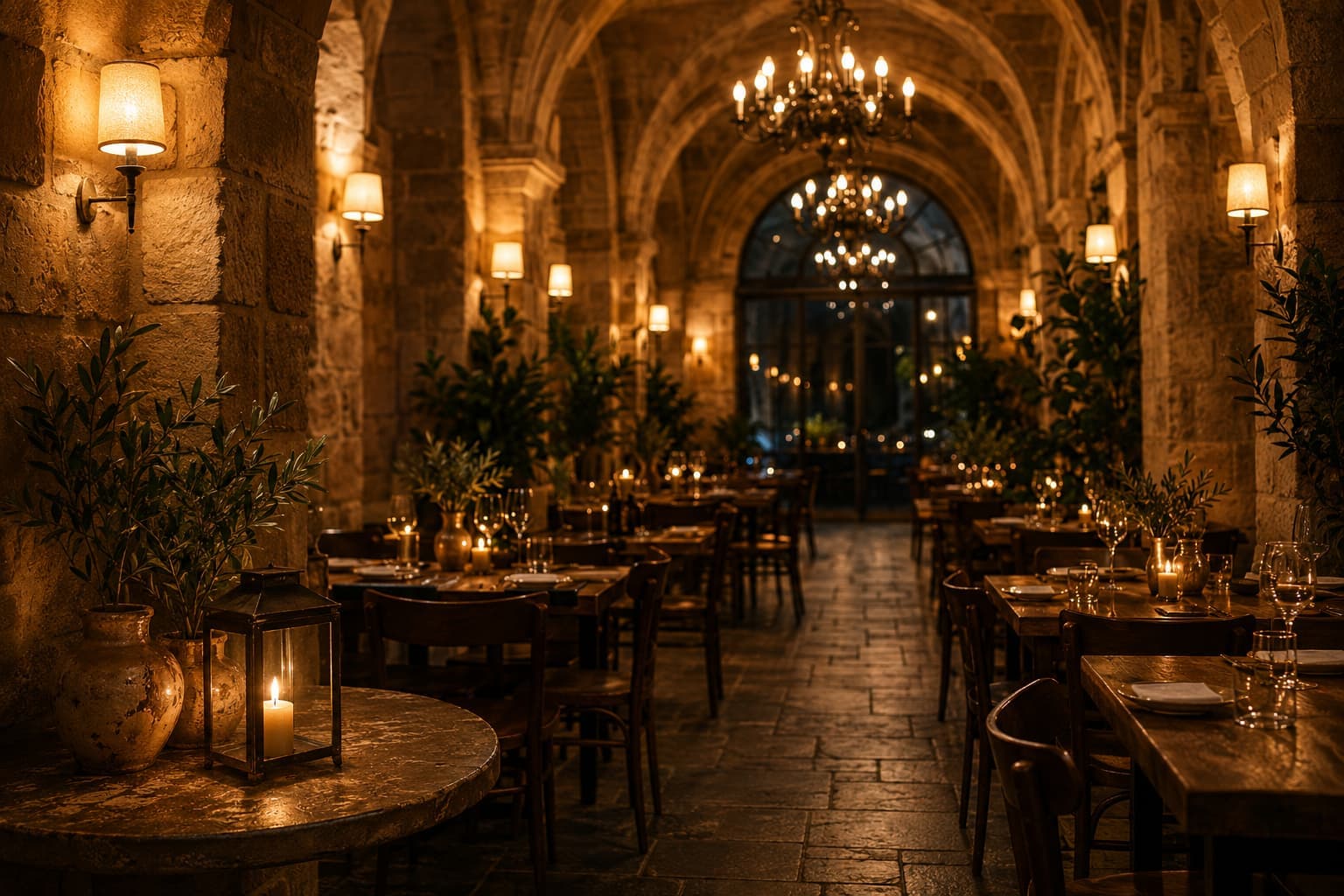 Chandelier-lit dining room at Galea's Kitchen