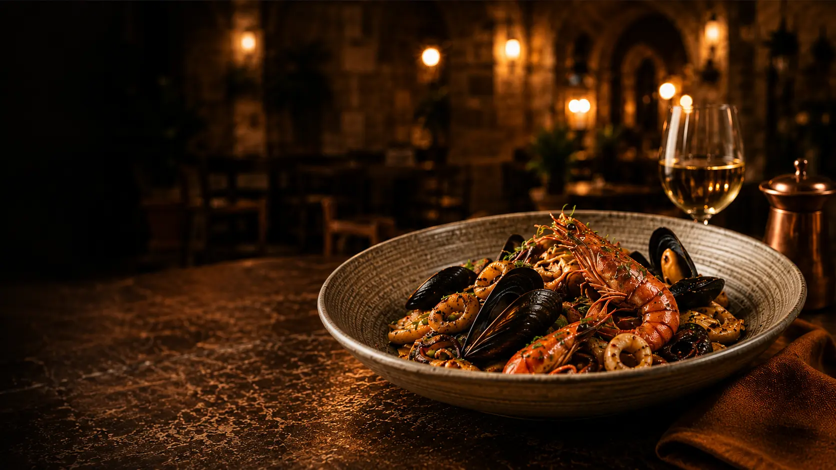 Seafood dish served in a ceramic bowl at Galea's Kitchen