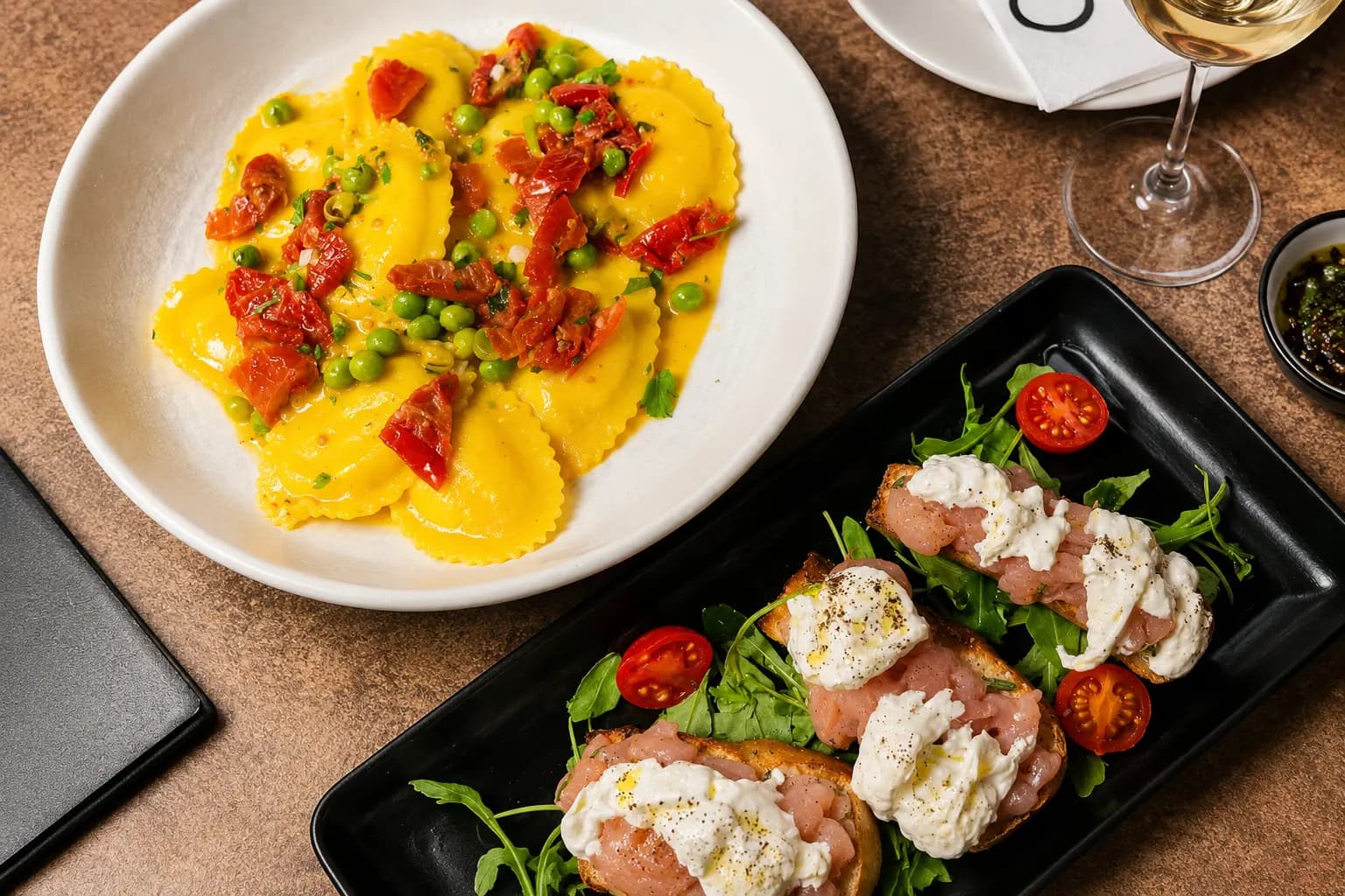 Ravioli and salmon dishes