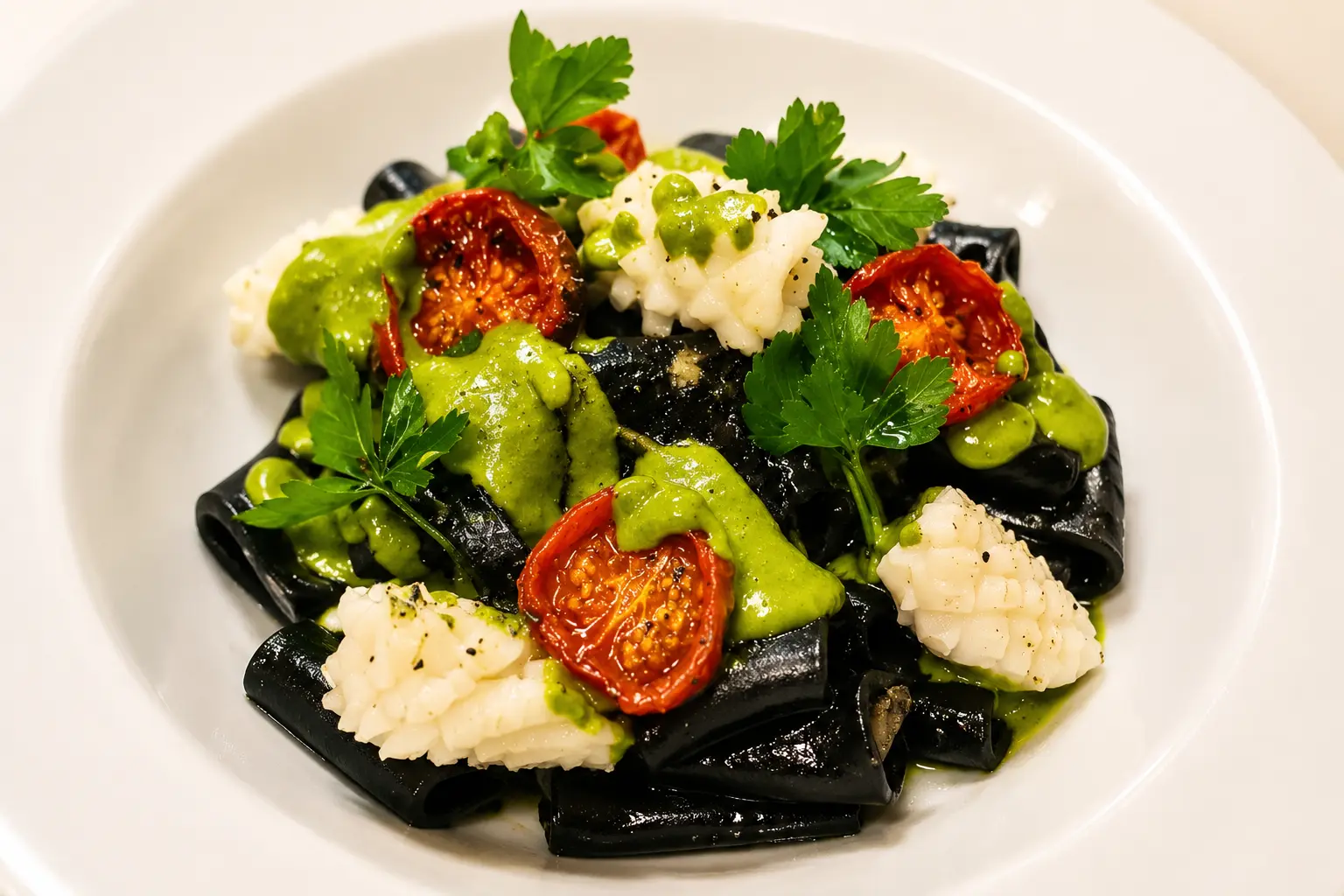 Squid-ink paccheri with tomatoes and rocket
