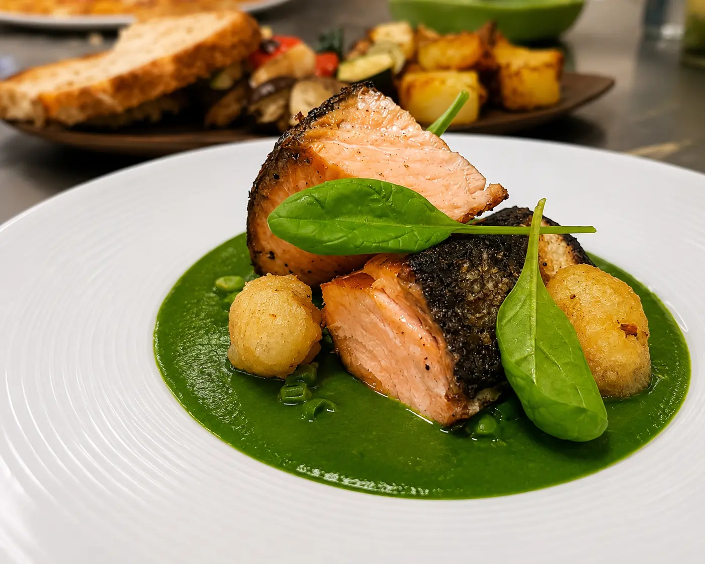 Seared salmon on pea purée