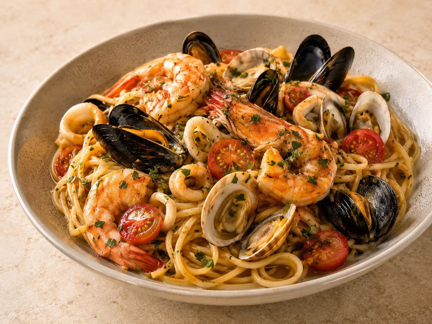 Seafood linguine and wine served at Galea's Kitchen