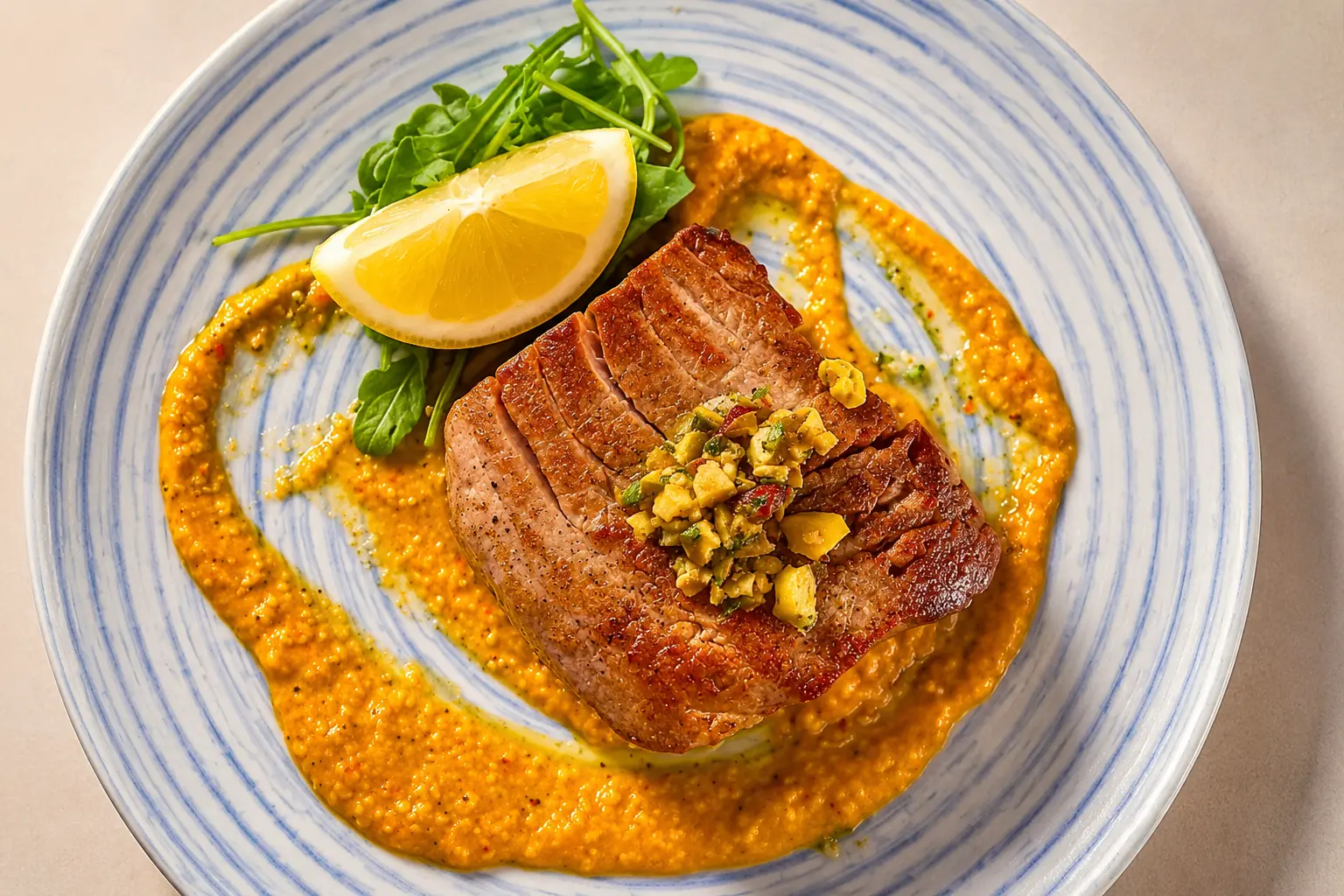 Seared tuna on saffron purée