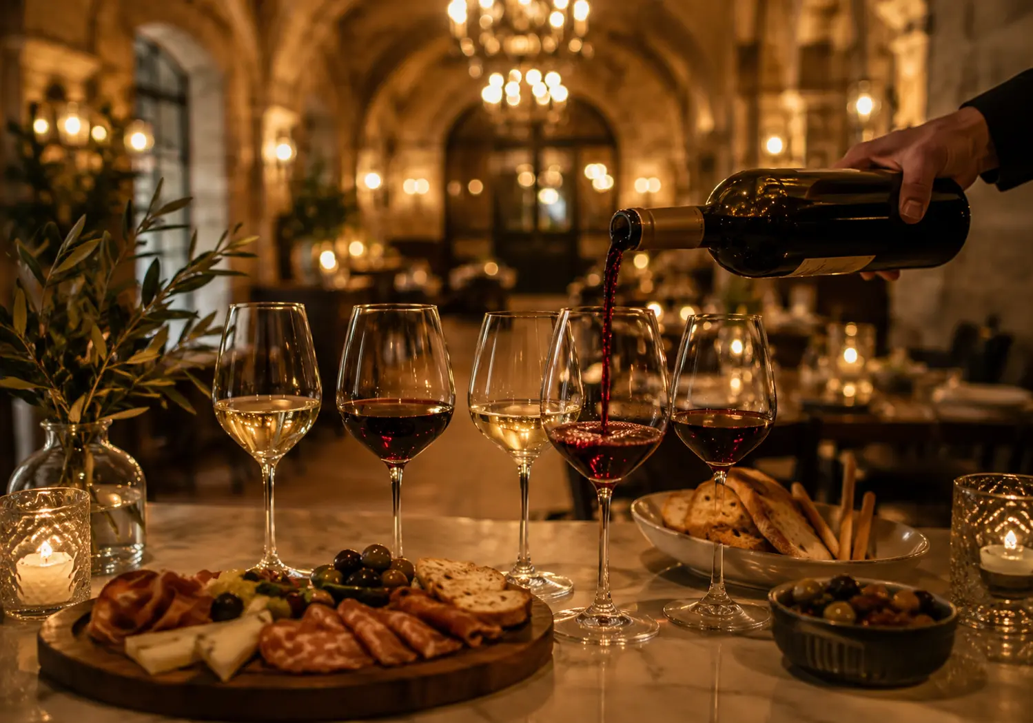 Wine glasses lined up for tasting